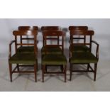 A SET OF SIX SHERATON DESIGN MAHOGANY AND SATINWOOD INLAID DINING CHAIRS including a pair of elbow