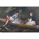 ENGLISH SCHOOL LATE 20TH CENTURY LAKE SCENE WITH FIGURES IN A BOAT Oil on canvas 61cm x 76cm