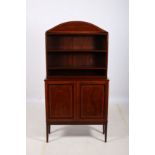 A 19TH CENTURY MAHOGANY AND SATINWOOD INLAID OPEN FRONT BOOKSHELF AND CUPBOARD of rectangular
