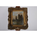 ENGLISH SCHOOL 19TH CENTURY WOODED LANDSCAPE WITH POND Oil on canvas 19cm x 15cm