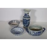 TWO BLUE AND WHITE WASH BASIN together with an oval foot bath and vase (4)