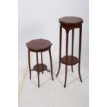 TWO 19TH CENTURY MAHOGANY AND SATINWOOD JARDINIERE STANDS each with a shaped top raised on square