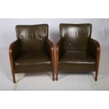 A PAIR OF CONTEMPORARY GREEN HIDE UPHOLSTERED AND HARDWOOD ARMCHAIRS each with a rectangular back