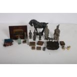 A MISCELLANEOUS COLLECTION to include copper plates a marble tang style horse Chinese figures etc
