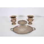A PAIR OF SILVER PLATED WINE COASTERS each of urn form (AF) together with two plated trays (4)