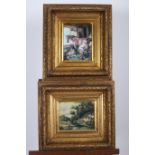 TWO FRAMED OLEOGRAPHS together with a glazed print cottage with figures by a pond in gilt frame