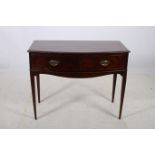 A 19TH CENTURY MAHOGANY SIDE TABLE of demilune outline the shaped top with two frieze drawers on