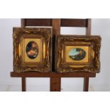 TWO FRAMED OLEOGRAPHS Depicting a huntsman in a landscape Still life fruit on a table In ornate