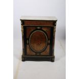 A 19TH CENTURY RED BOULE AND BRASS INLAID SIDE CABINET surmounted with a white veined marble top