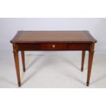 AN EMPIRE DESIGN MAHOGANY WRITING TABLE of rectangular outline with eared corners and tooled