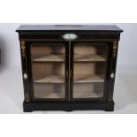 A 19TH CENTURY EBONISED AND GILT BRASS MOUNTED CHINA DISPLAY CABINET of rectangular outline the