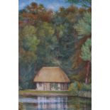 E MARTIN THATCHED COTTAGE BY A LAKE A watercolour Indistinctly signed lower right 37cm x 27cm