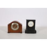 A 19TH CENTURY BLACK SLATE MANTEL CLOCK together with a retro oak case mantel clock (2)