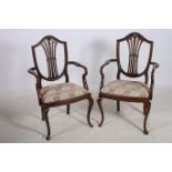 A PAIR OF HEPPLEWHITE DESIGN MAHOGANY CARVERS each with a shield shaped back with pierced vertical