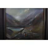 BRID BRANNIGAN IRISH SCHOOL 20TH CENTURY MOUNTAIN LAKE SCENE with cottages and figures Oil on