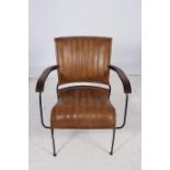 A PAIR OF RETRO HIDE UPHOLSTERED HARDWOOD AND METAL ELBOW CHAIRS each with a panelled upholstered
