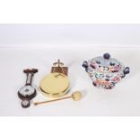 A LARGE IRONSTONE LIDDED TUREEN (AF) together with a brass dinner gong and barometer