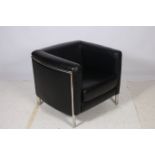 A RETRO BLACK HIDE UPHOLSTERED AND CHROME TUB SHAPED CHAIR on moulded legs