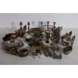 A MISCELLANEOUS COLLECTION of plated ware to include entrée dish tea set coffee pot brass desk