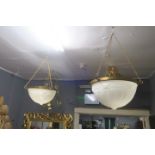 A PAIR OF VINTAGE OPALINE AND BRASS CEILING LIGHTS with chain suspensions 21cm (drop) x 39.