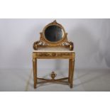 A CONTINENTAL GILTWOOD CONSOLE TABLE AND MIRROR the superstructure with oval bevelled glass mirror