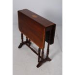 A MAHOGANY AND SATINWOOD CROSS BANDED SUTHERLAND TABLE the rectangular hinged top raised on ring