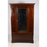 A 19TH CENTURY MAHOGANY THREE PIECE INLAID BEDROOM SUITE comprising mirrored door wardrobe with