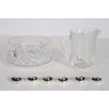 A GALWAY CUT GLASS BOWL together with a engraved glass water jug six Newbridge plated serviette
