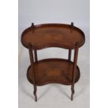 A SHERATON DESIGN MAHOGANY AND SATINWOOD INLAID KIDNEY SHAPED TWO TIER OCCASIONAL TABLE the shaped