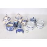 A COLLECTION OF BLUE AND WHITE CHINA to include a pair of Dutch delft lidded jars each of octagonal