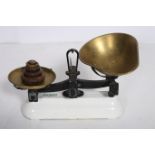 A RETRO AVERY CHROME AND METAL WEIGHING SCALES with brass pans 21cm (h)