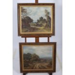 ENGLISH SCHOOL LANDSCAPE WITH SHEEP AND DROVER Landscape with cottage with horse and cart Oil on