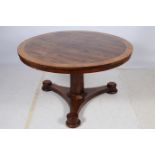 A FINE 19TH CENTURY ROSEWOOD CROSS BANDED POD TABLE the circular top above a faceted column on