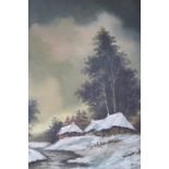 NORA VERHEYDEN CONTINENTAL SCHOOL 20TH CENTURY WINTER LANDSCAPE WITH COTTAGES AND RIVER Oil on