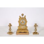 A VERY FINE 19TH CENTURY FRENCH ORMOLU AND PORCELAIN MANTEL CLOCK with candlesticks the rectangular