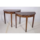 A PAIR OF ADAMS DESIGN WALNUT SATINWOOD AND MARBLE SIDE TABLES of demilune outline surmounted by a