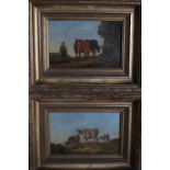 ENGLISH SCHOOL 19TH CENTURY CATTLE AND FIGURES IN A LANDSCAPE Oil on board 13cm x 20cm