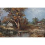 HELLMAN WOODED LANDSCAPE WITH COTTAGES Oil on canvas board Signed lower right 48cm x 58cm