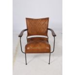 A PAIR OF RETRO HIDE UPHOLSTERED HARDWOOD AND METAL ELBOW CHAIRS each with a panelled upholstered