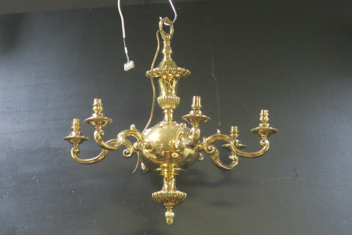 A FINE PAIR OF 19TH CENTURY BRASS SIX BRANCH CHANDELIERS each with a bulbous and lobed column