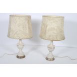 A PAIR OF CONTINENTAL PORCELAIN TABLE LAMPS each of baluster form a silvered base with shades 77cm