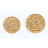 Coins, great Britain, 1910, gold sovereign and half-sovereign,