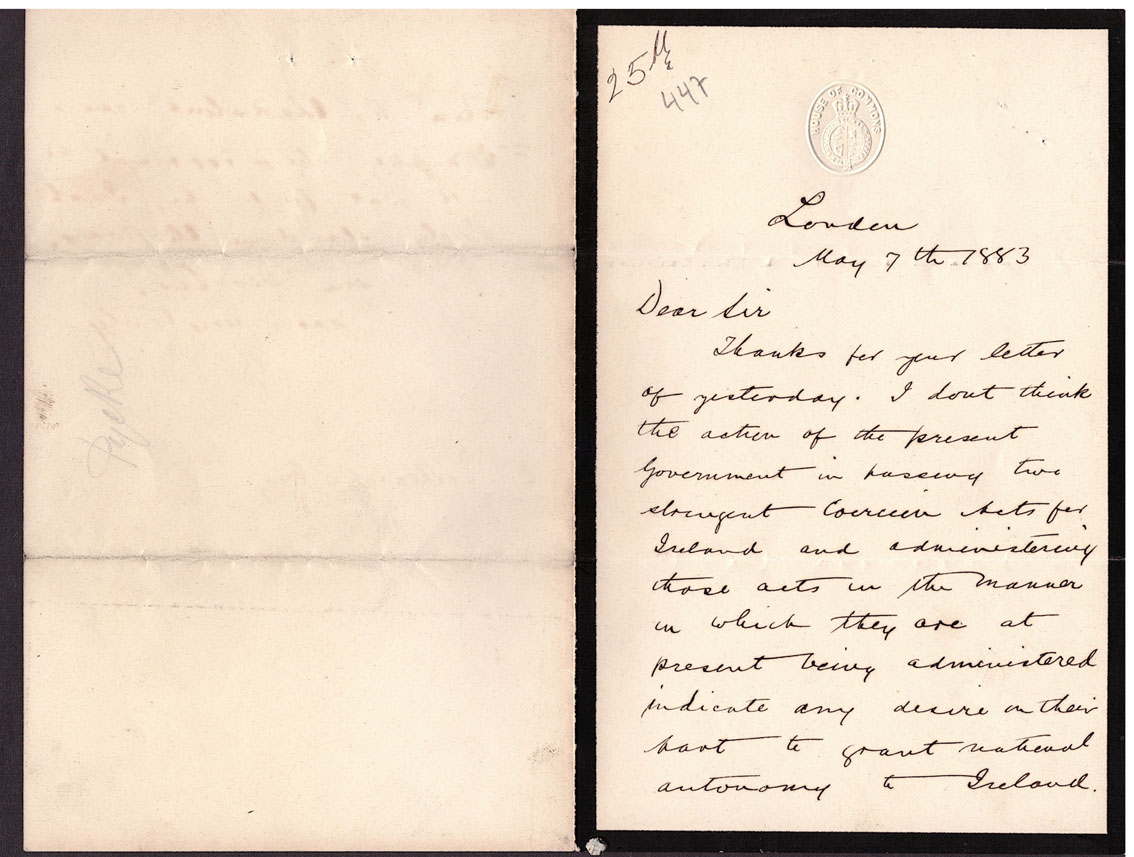 1883 (May 7) Charles Stewart Parnell, signed, two-page letter on House of Commons paper to E. - Image 2 of 2