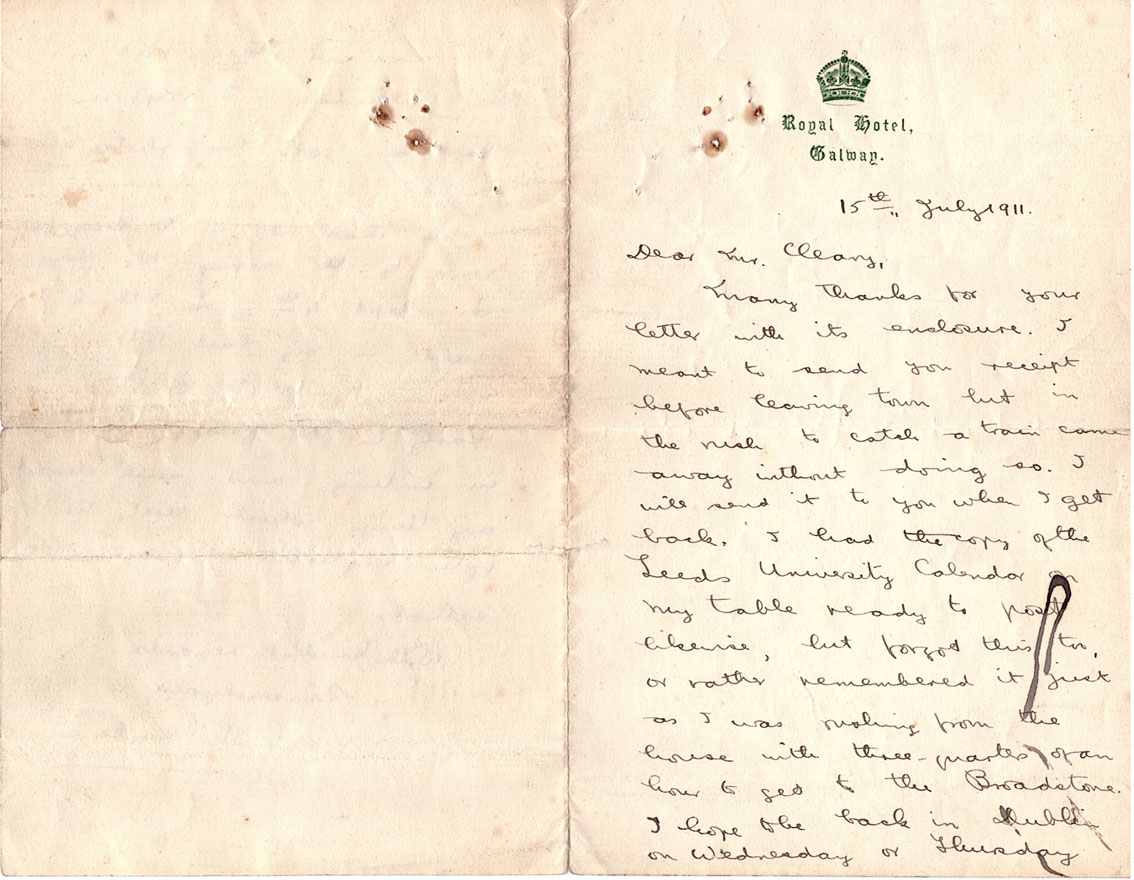 1911 (July 15) handwritten letter by Padraig Pearse, to Mr Cleary, - Image 2 of 2