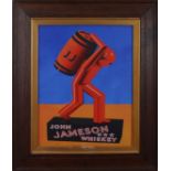 1950s John Jameson whiskey advertising poster, a stylised figure carrying a cask of Jameson whiskey,