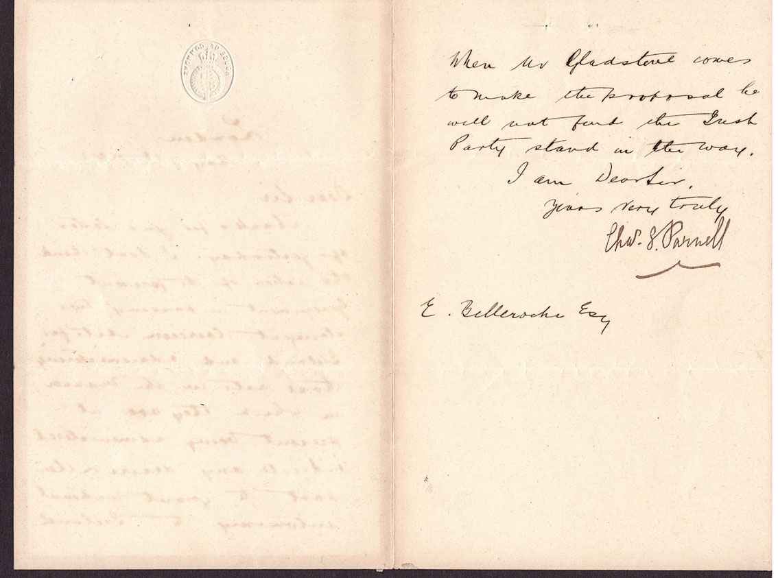 1883 (May 7) Charles Stewart Parnell, signed, two-page letter on House of Commons paper to E.