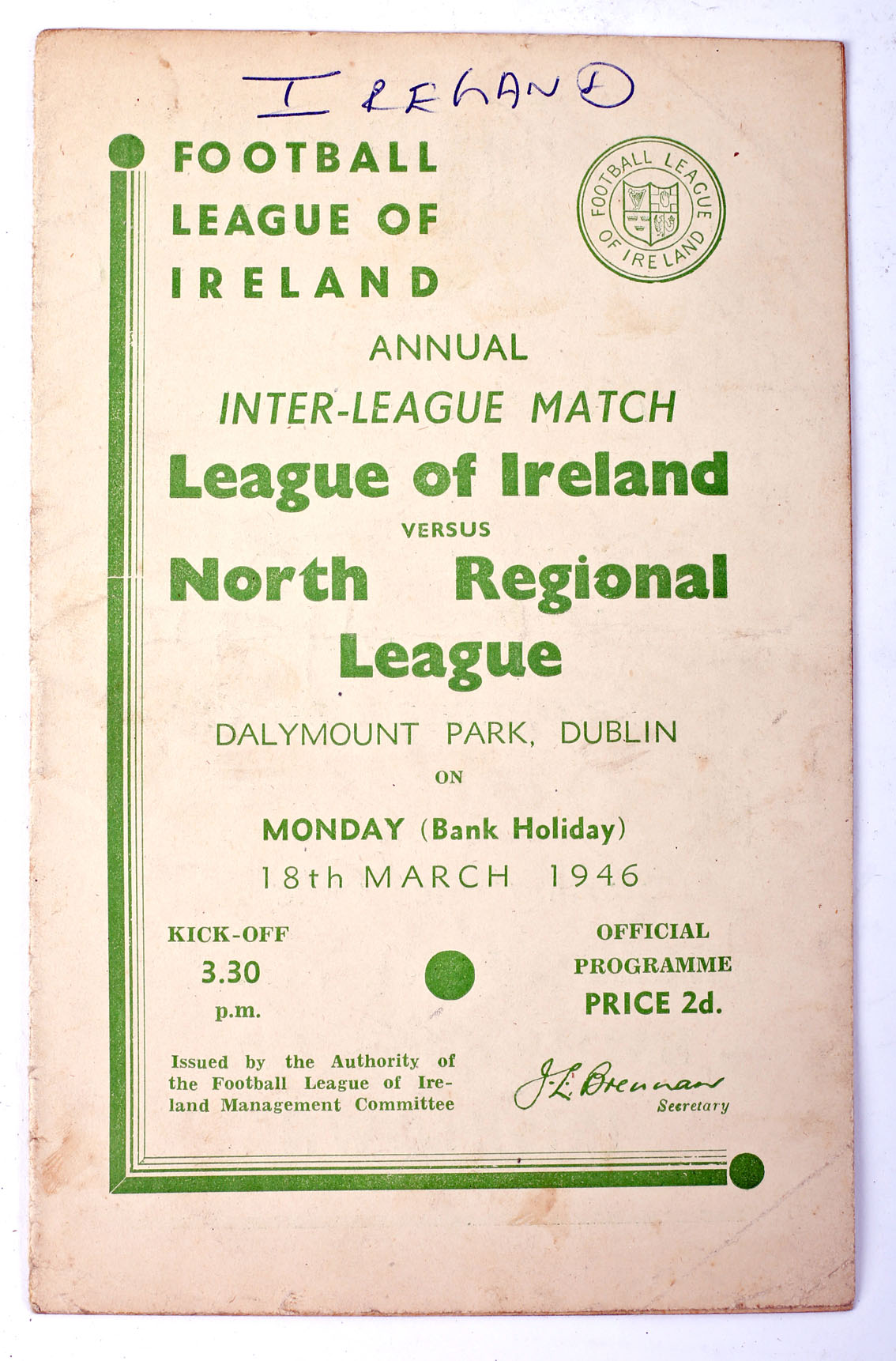 Football Programmes. Inter-League match programmes League Of Ireland.