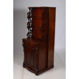 A 19TH CENTURY MAHOGANY SIDE CABINET CUM LEAF CABINET of serpentine outline the superstructure with