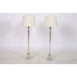 A PAIR OF CONTEMPORARY GLAZED TABLE LAMPS each with a square column above a square stepped base