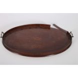 A GOOD 19TH CENTURY MAHOGANY AND MARQUETRY SERVING TRAY of oval outline with moulded gallery and